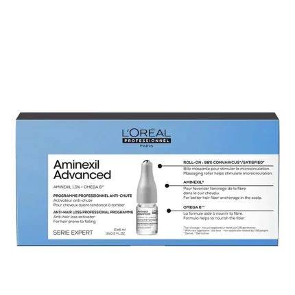 Ampoules AMINEXIL ADVANCED enrichies en actifs dermatologiques pour cheveux 10 x 6 ml